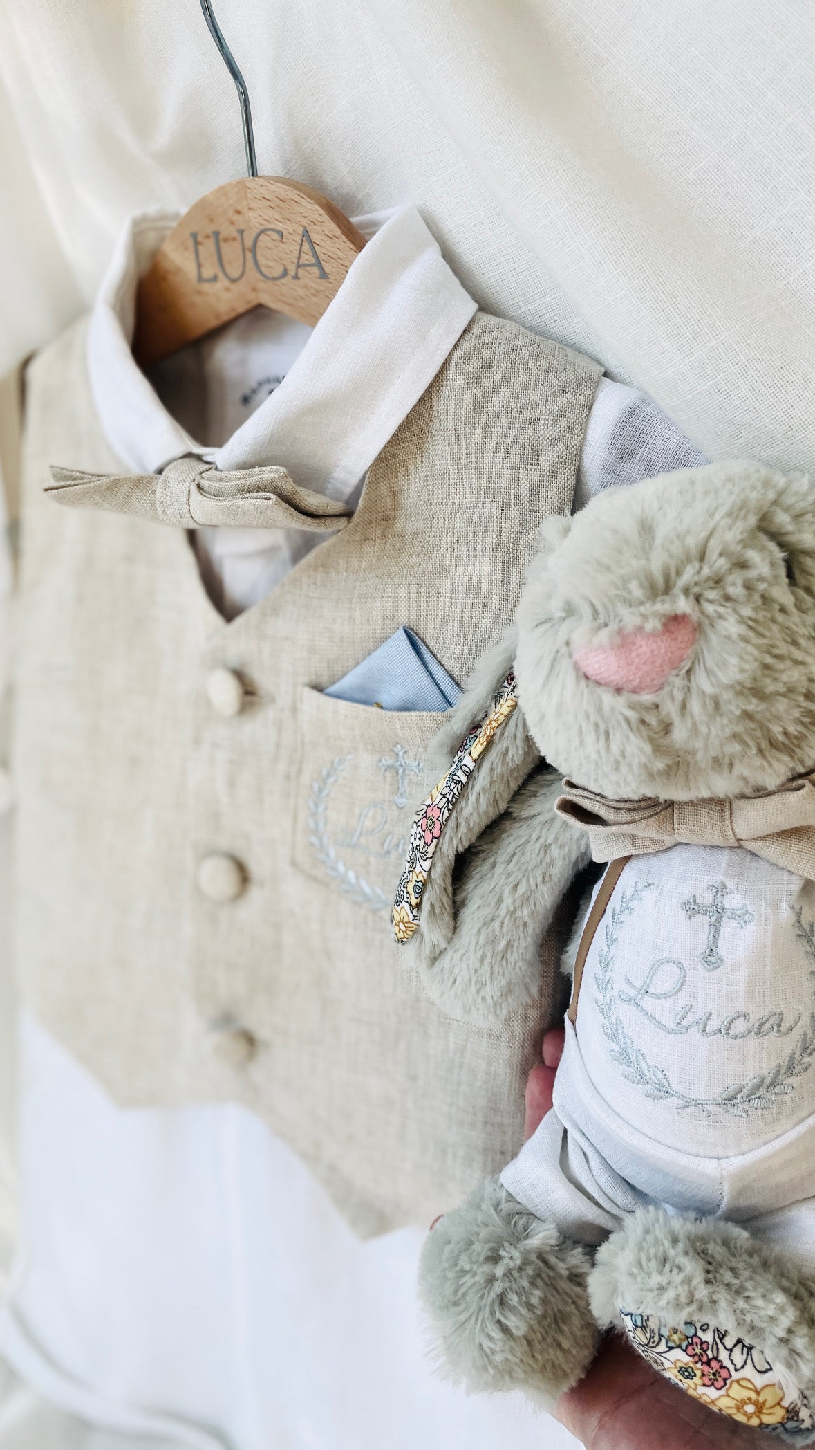 Beige Linen vest suit, shirt, pants, suspenders and bowtie plus optional jacket, cap and shoes