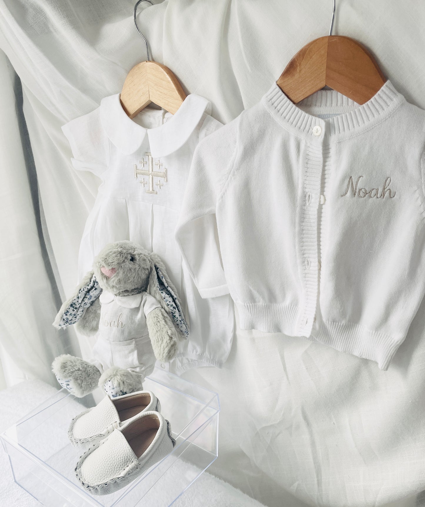 Linen Baptism peter pan collar romper outfit with optional embroidery customisation