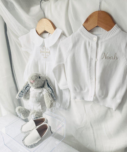 Linen Baptism peter pan collar bubble romper with optional embroidery customisation