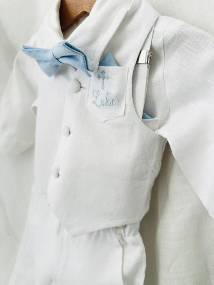 Boys pale blue and white set with vest, pants, linen shirt, bowtie and suspenders, plus optional jacket cap and shoes