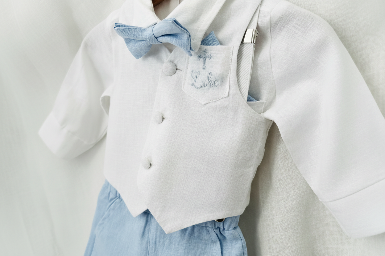 Boys pale blue and white set with vest, pants, linen shirt, bowtie and suspenders, plus optional jacket cap and shoes