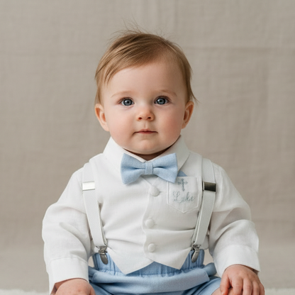 Boys pale blue and white set with vest, pants, linen shirt, bowtie and suspenders, plus optional jacket cap and shoes