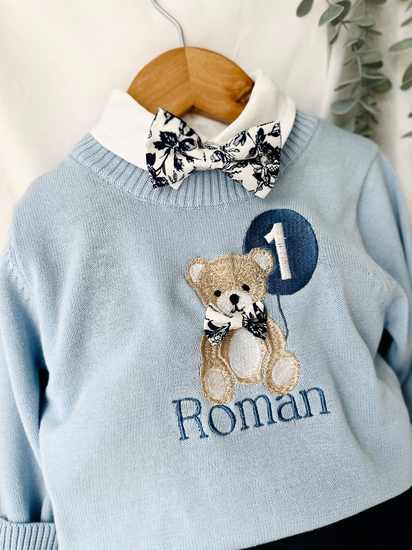 Blue and white linen first Birthday and Baptism blouse with suspender shorts set
