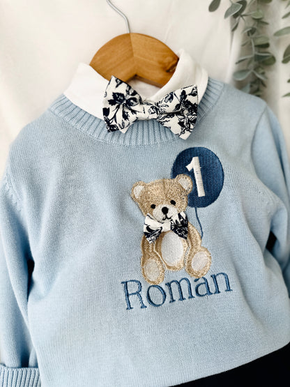 Blue and white linen first Birthday and Baptism blouse with suspender shorts set