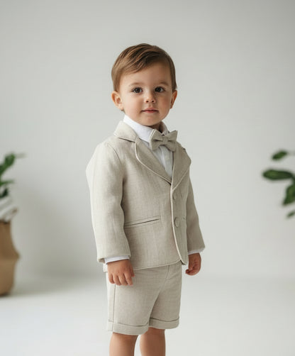 Beige Linen Baptism outfit with suspender shorts, shirt, and bow tie plus optional jacket and embroidery