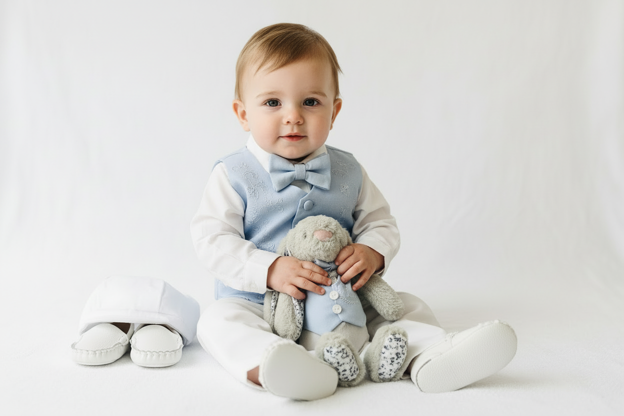 Boys pale blue and white Baptism outfit with blue vest, white linen suspender pants and shirt