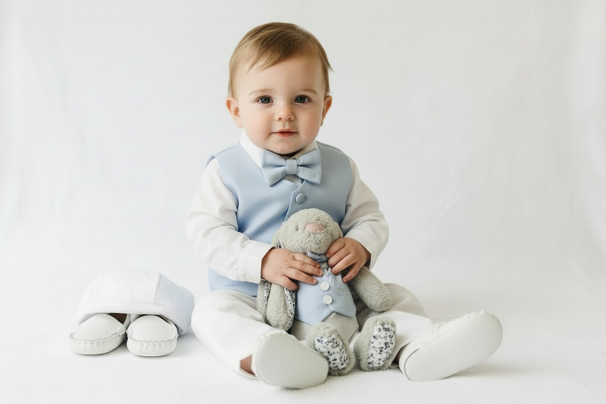Boys pale blue and white Baptism outfit with blue vest, white linen suspender pants and shirt