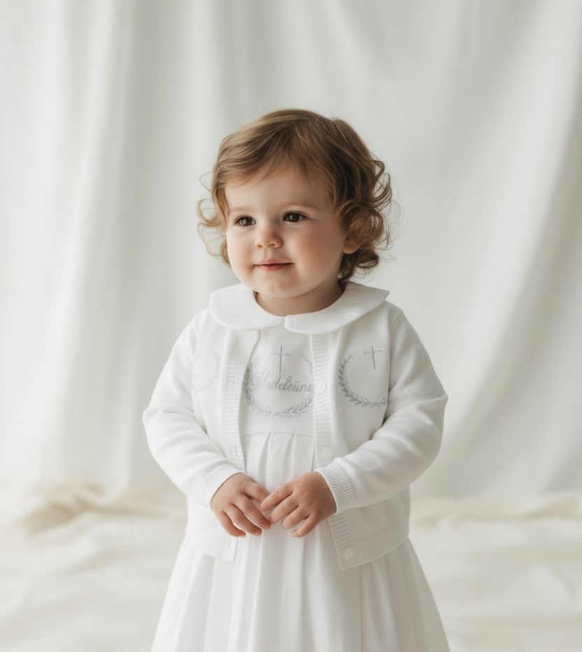 White Linen Baptism dress with detachable long skirt gown