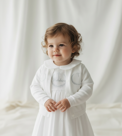 White Linen Baptism dress with detachable long skirt gown