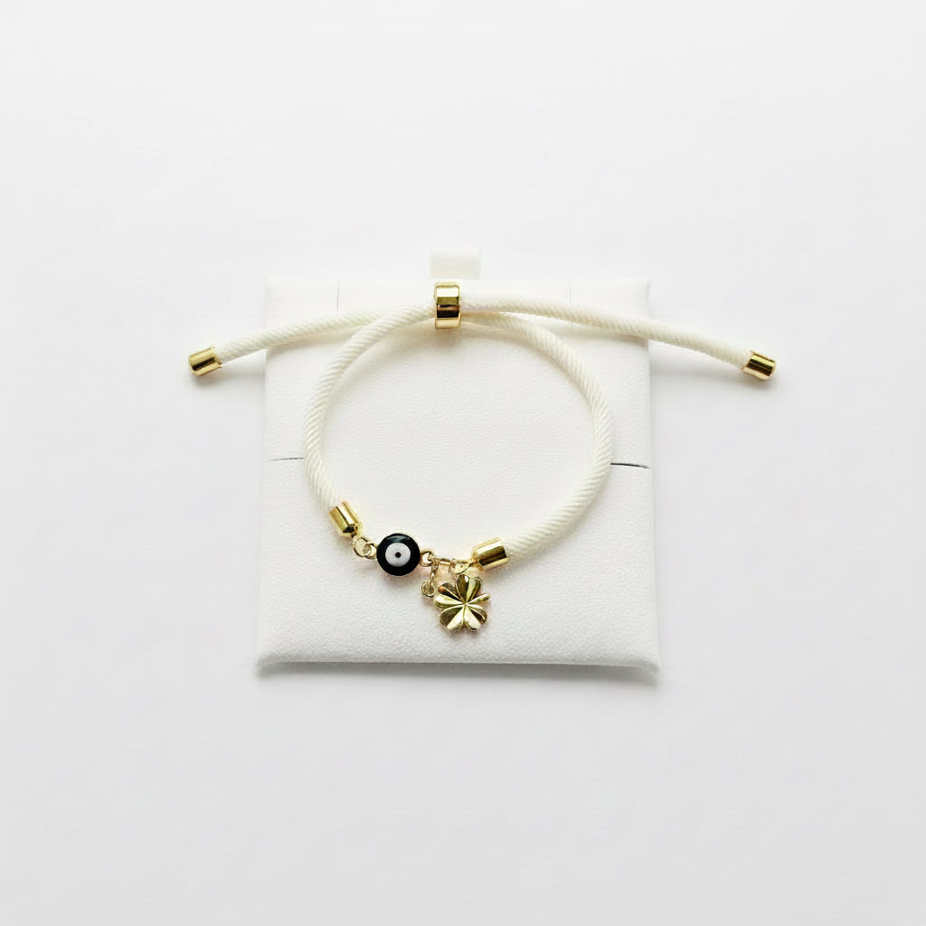Evil eye bracelet white rope with gold clasps and optional charm