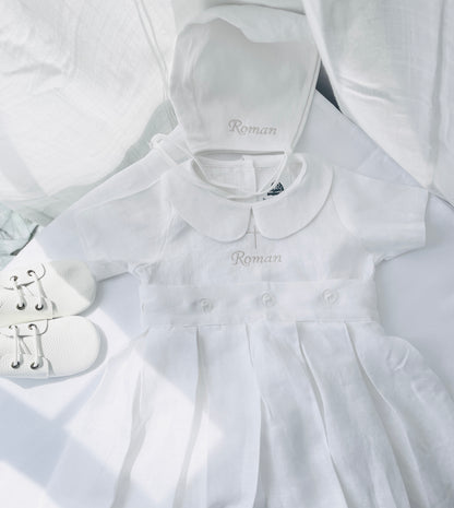 White Linen Unisex Baptism Gown romper with detachable skirt dress and optional embroidery