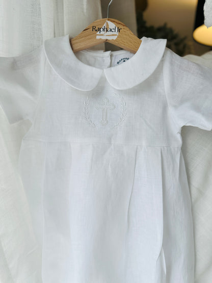 Linen Baptism 3/4 length jumpsuit with optional cardigan and embroidery