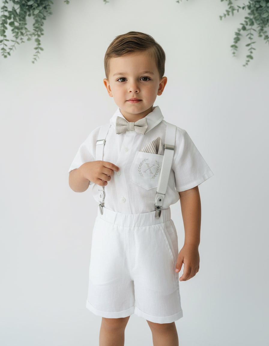 White linen summer Baptism outfit with suspender shorts, shirt, bowtie plus optional extras
