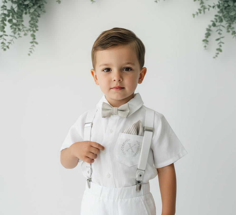 White linen summer Baptism outfit with suspender shorts, shirt, bowtie plus optional extras