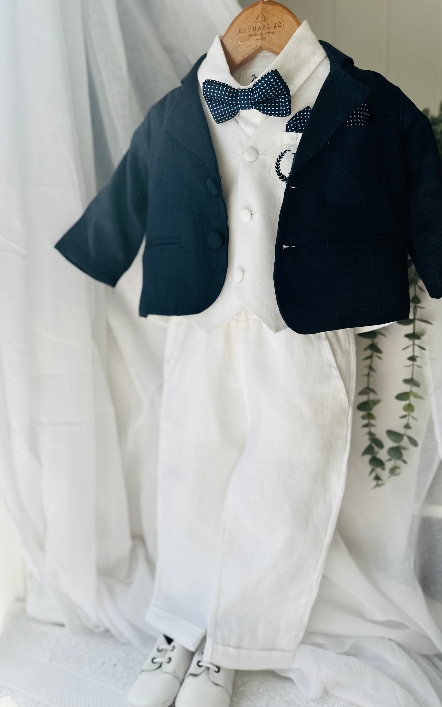 Boys white vest with white linen suit and navy jacket set
