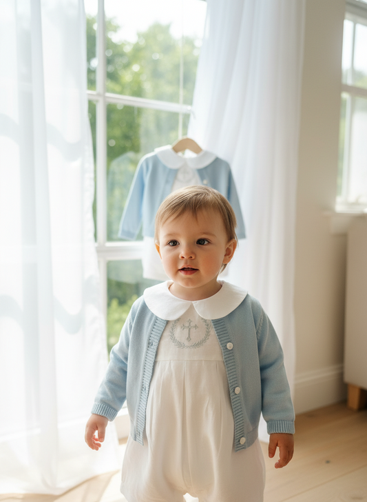 Blue cotton cardigan with optional embroidery