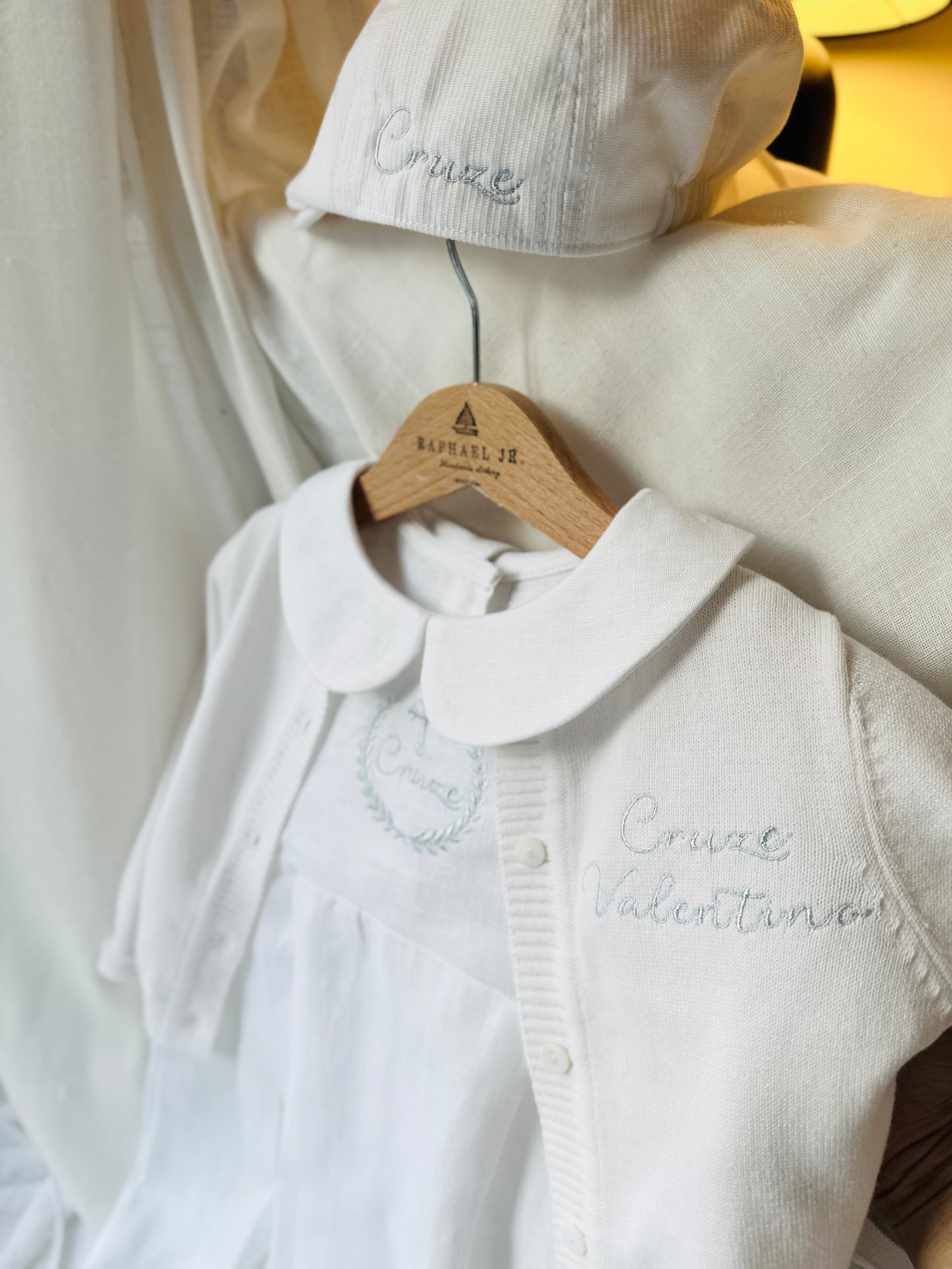 Linen Baptism 3/4 length jumpsuit with optional cardigan and embroidery