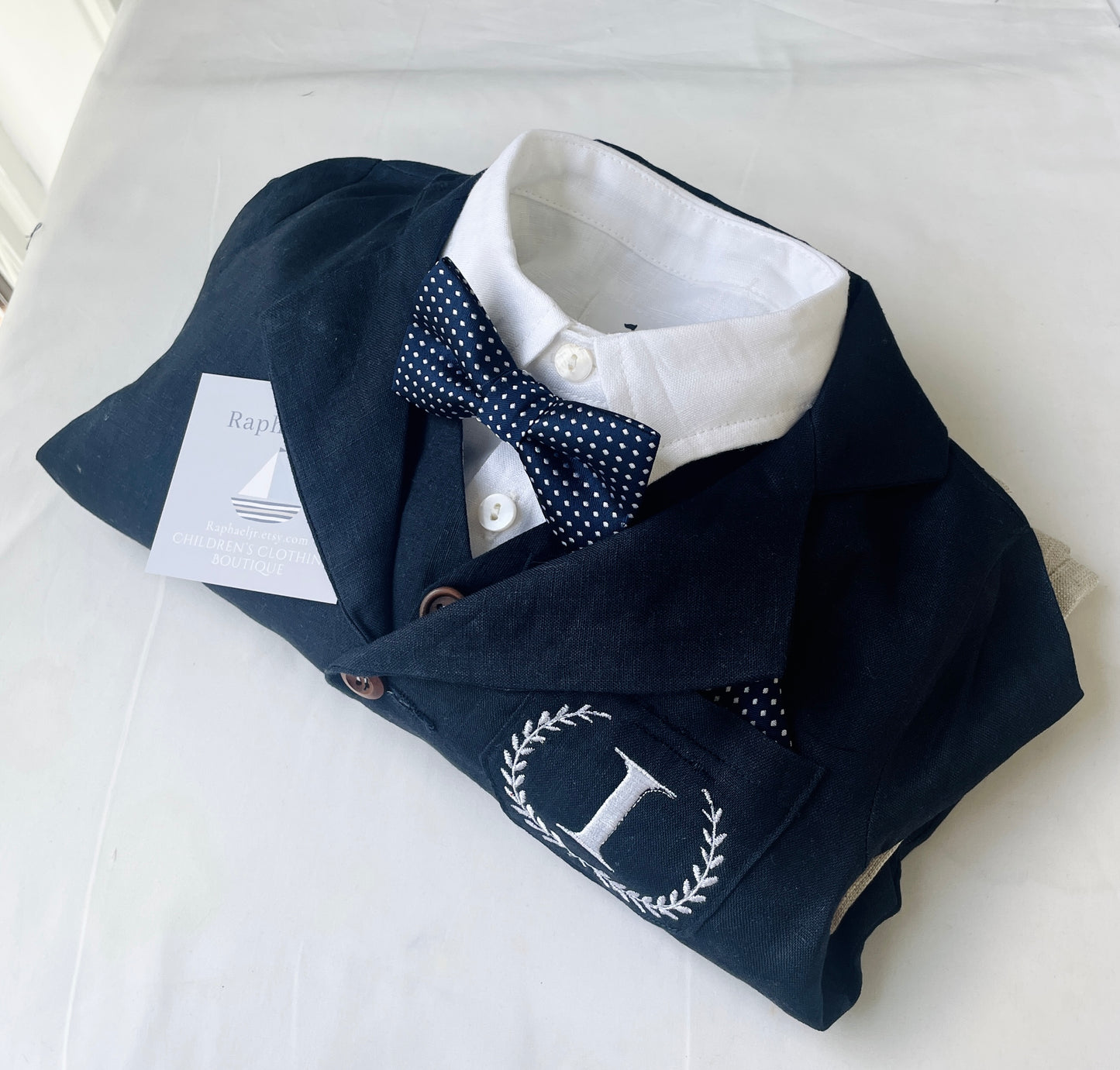 Navy blue linen baby and toddler boys formal baptism or wedding suit with accessories and optional personalisation