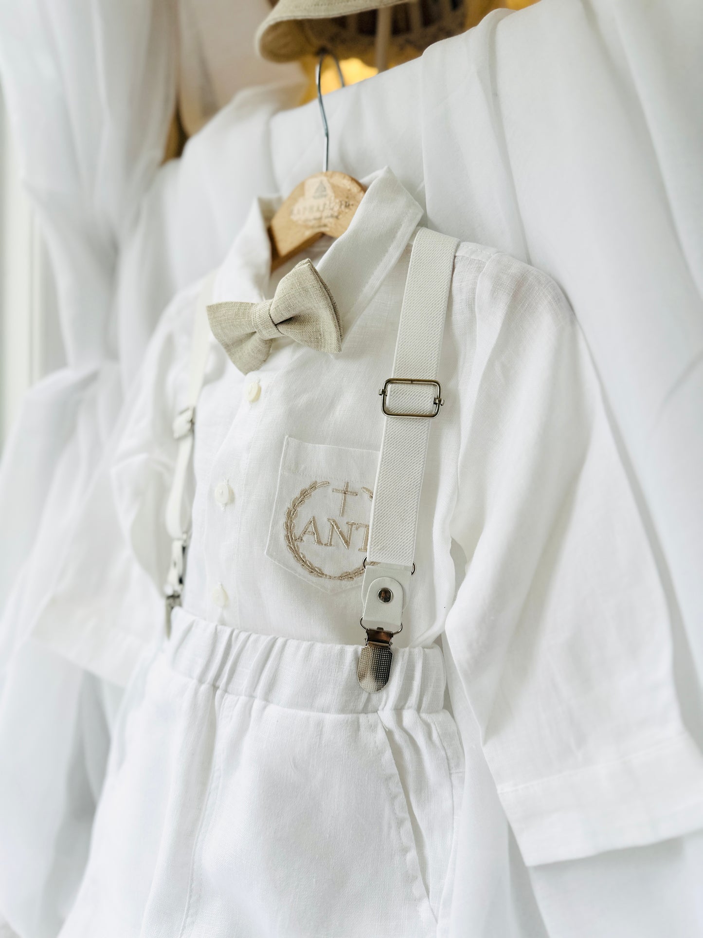 White linen Baptism suit set with pants, shirt, suspenders and bowtie plus optional jacket and extras