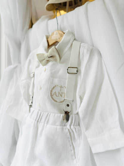 White linen Baptism suit set with pants, shirt, suspenders and bowtie plus optional jacket and extras
