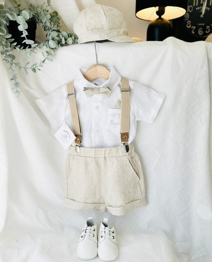 Beige Linen Baptism outfit with suspender shorts, shirt, and bow tie plus optional jacket and embroidery
