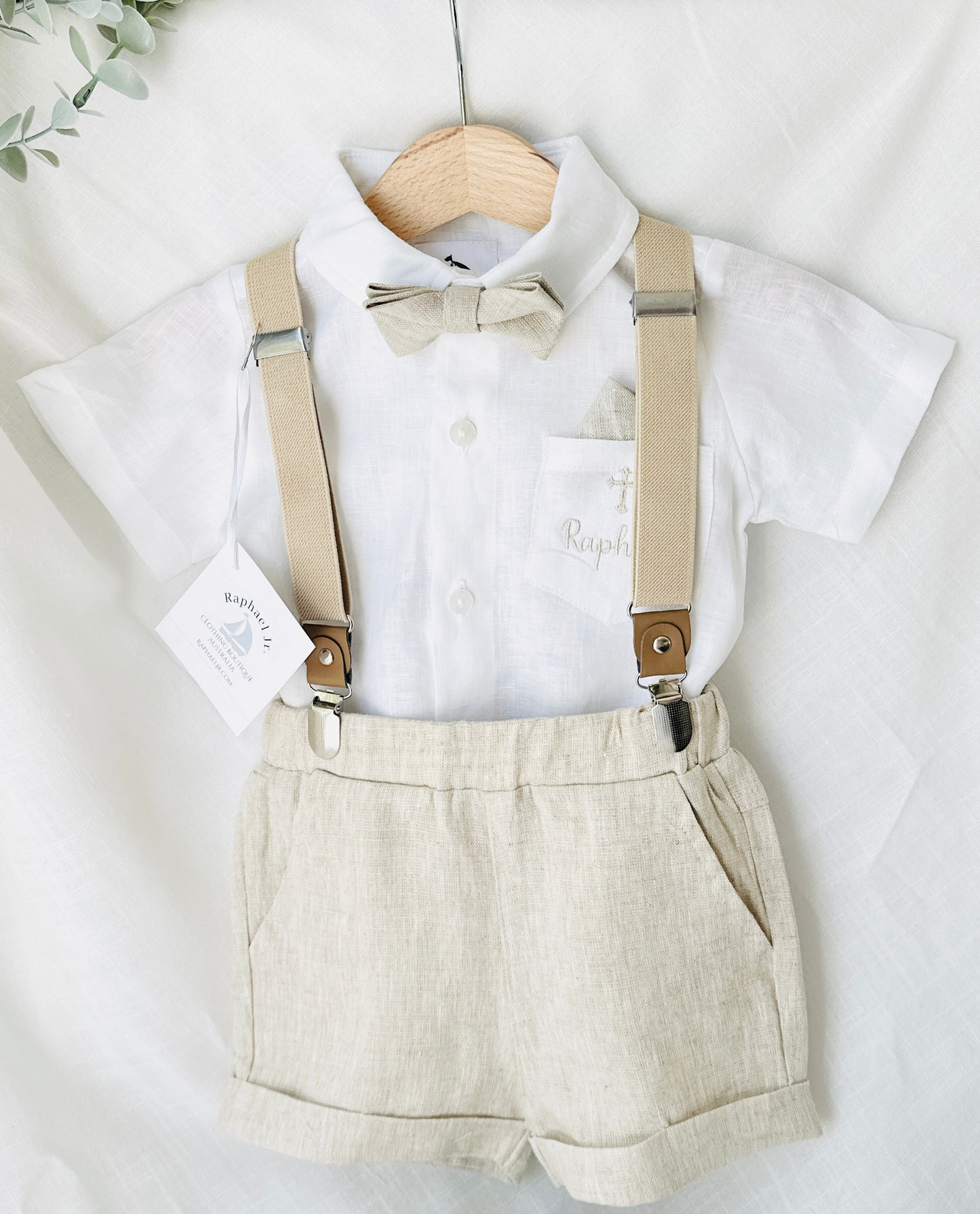 Beige linen summer set with shorts, shirt, suspenders and bow tie plus optional extras