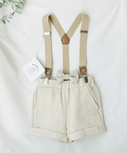 Beige Linen Shorts Shirt Suspenders and Vest set with Optional Cap Jacket and Embroidery