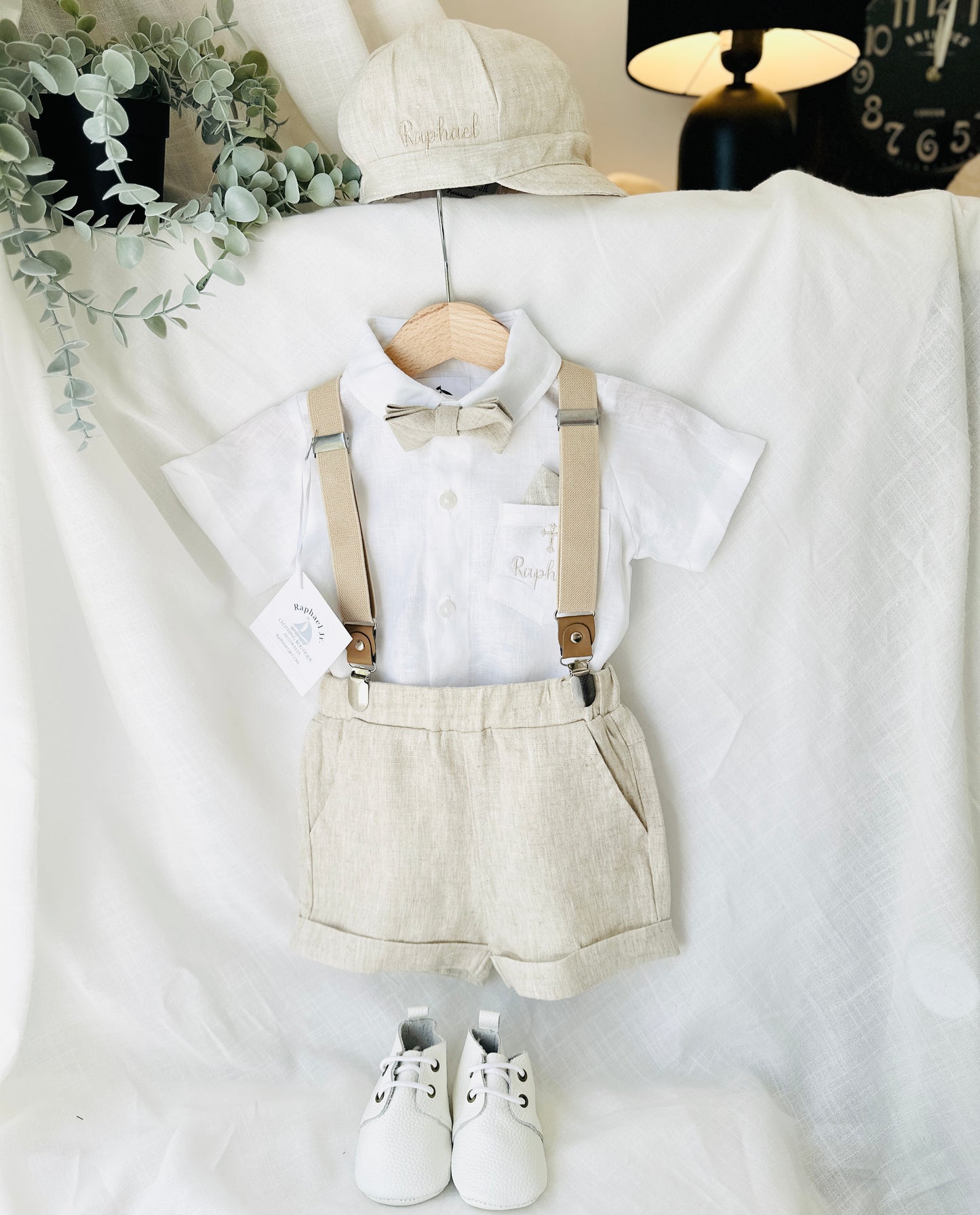 Beige linen summer set with shorts, shirt, suspenders and bow tie plus optional extras
