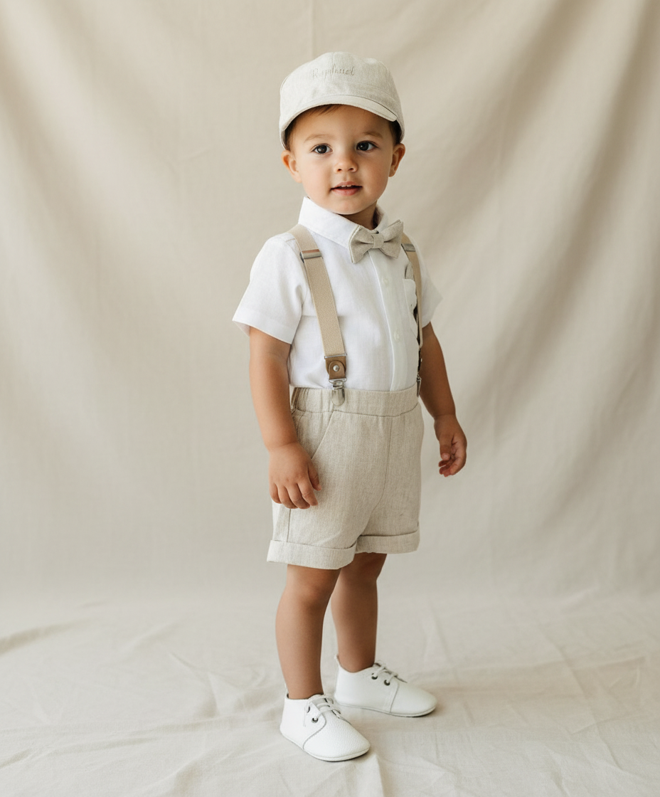 Beige Linen Baptism outfit with suspender shorts, shirt, and bow tie plus optional jacket and embroidery