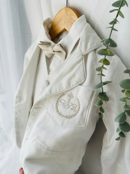 Boys white linen full 5 piece suit with vest, jacket, shirt, pants, suspenders and bow tie plus extras