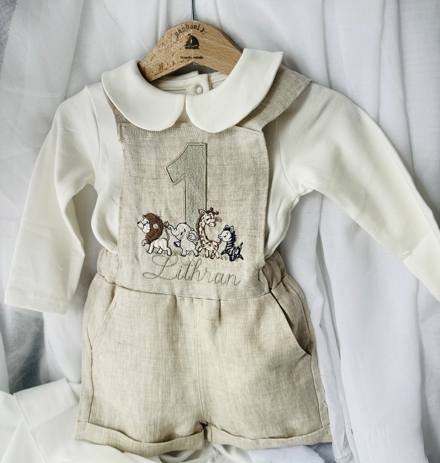 Boys beige pure linen overalls with optional shirt and embroidery