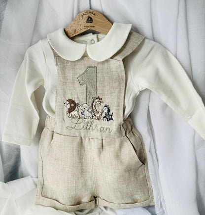 Boys beige pure linen overalls with optional shirt and embroidery