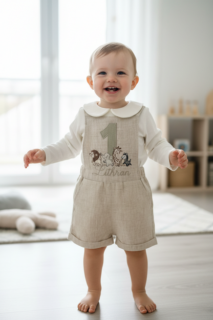 Boys beige pure linen overalls with optional shirt and embroidery