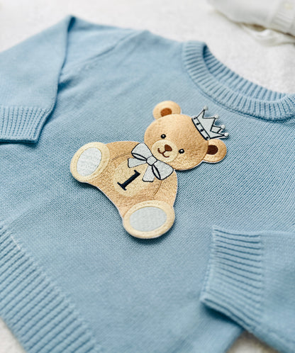 Pale blue teddy or hot air balloon jumper knit
