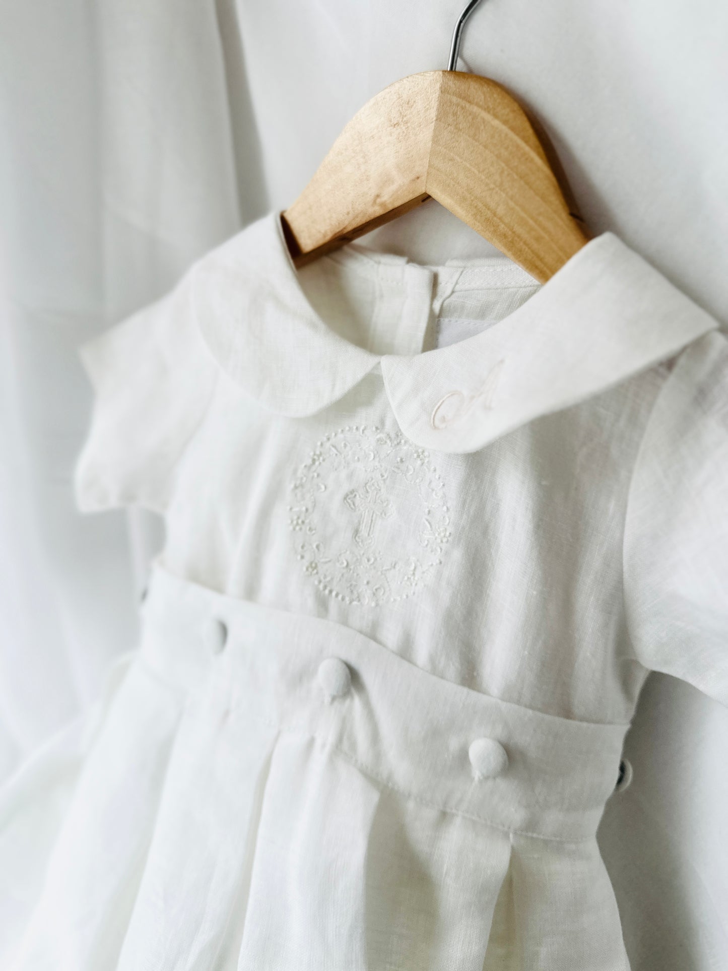 White Linen Baptism dress with detachable long skirt gown