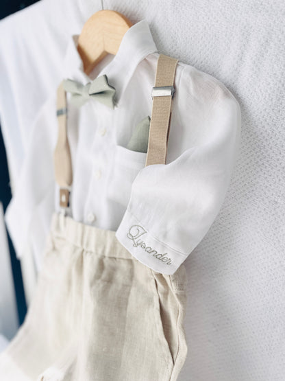 Beige linen suit with optional jacket, cap and shoes.
