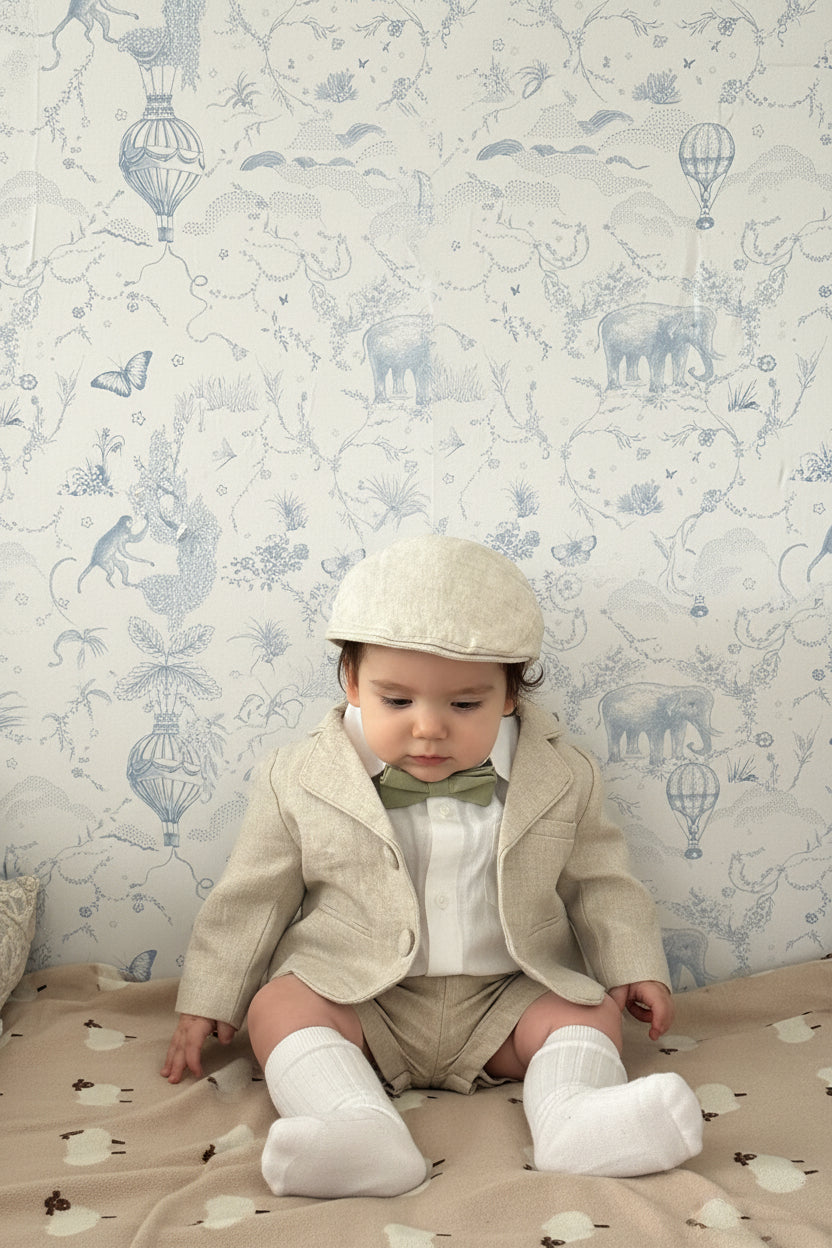 Beige Linen outfit with suspender shorts, shirt, and bow tie plus optional jacket and embroidery