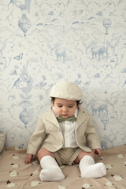 Beige Linen outfit with suspender shorts, shirt, and bow tie plus optional jacket and embroidery