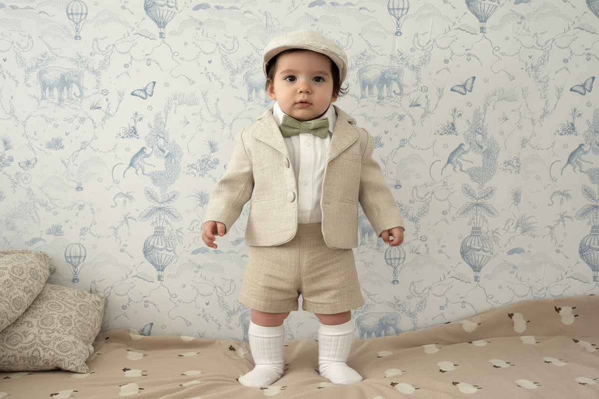 Beige Linen outfit with suspender shorts, shirt, and bow tie plus optional jacket and embroidery