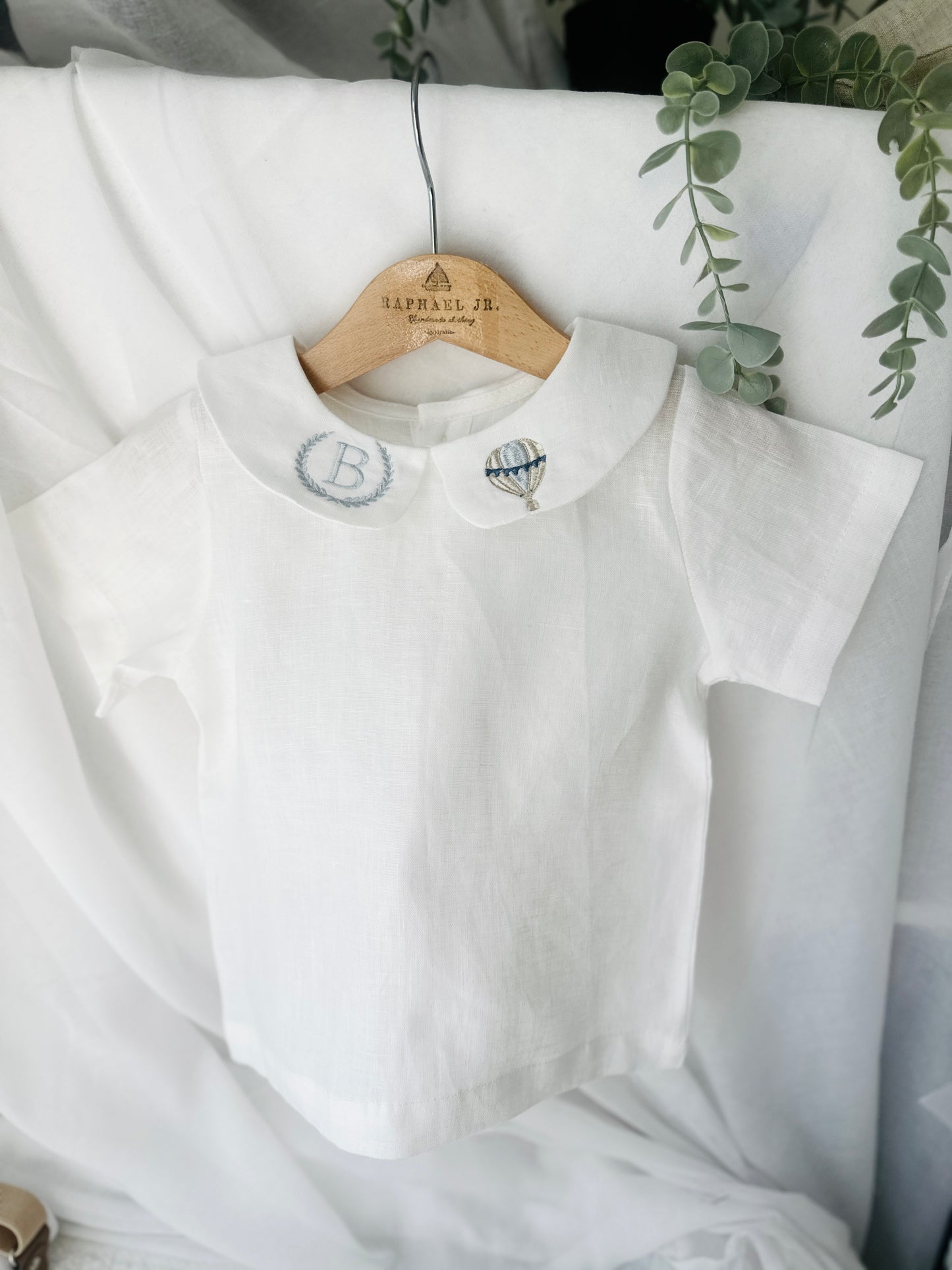 Beige and white linen Birthday and Baptism blouse with suspender shorts set