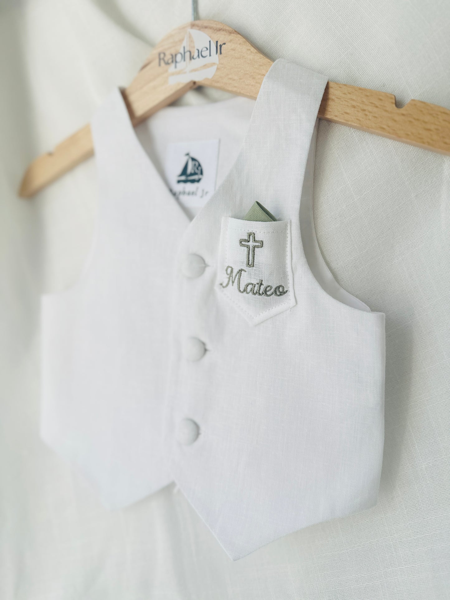 Boys pale blue and white set with vest, pants, linen shirt, bowtie and suspenders, plus optional jacket cap and shoes
