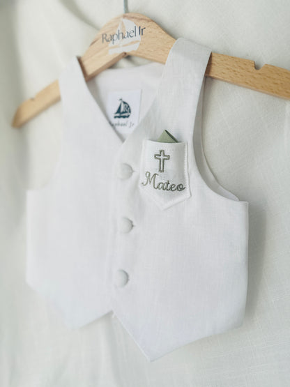 Boys pale blue and white set with vest, pants, linen shirt, bowtie and suspenders, plus optional jacket cap and shoes
