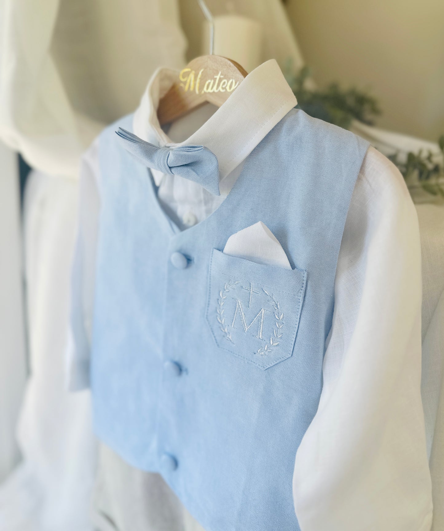 Beige Linen pants and blue vest outfit