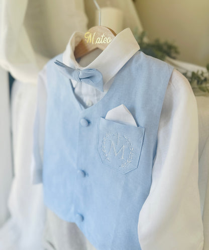 Pale blue summer vest set with blue vest, suspender shorts white shirt and bowtie