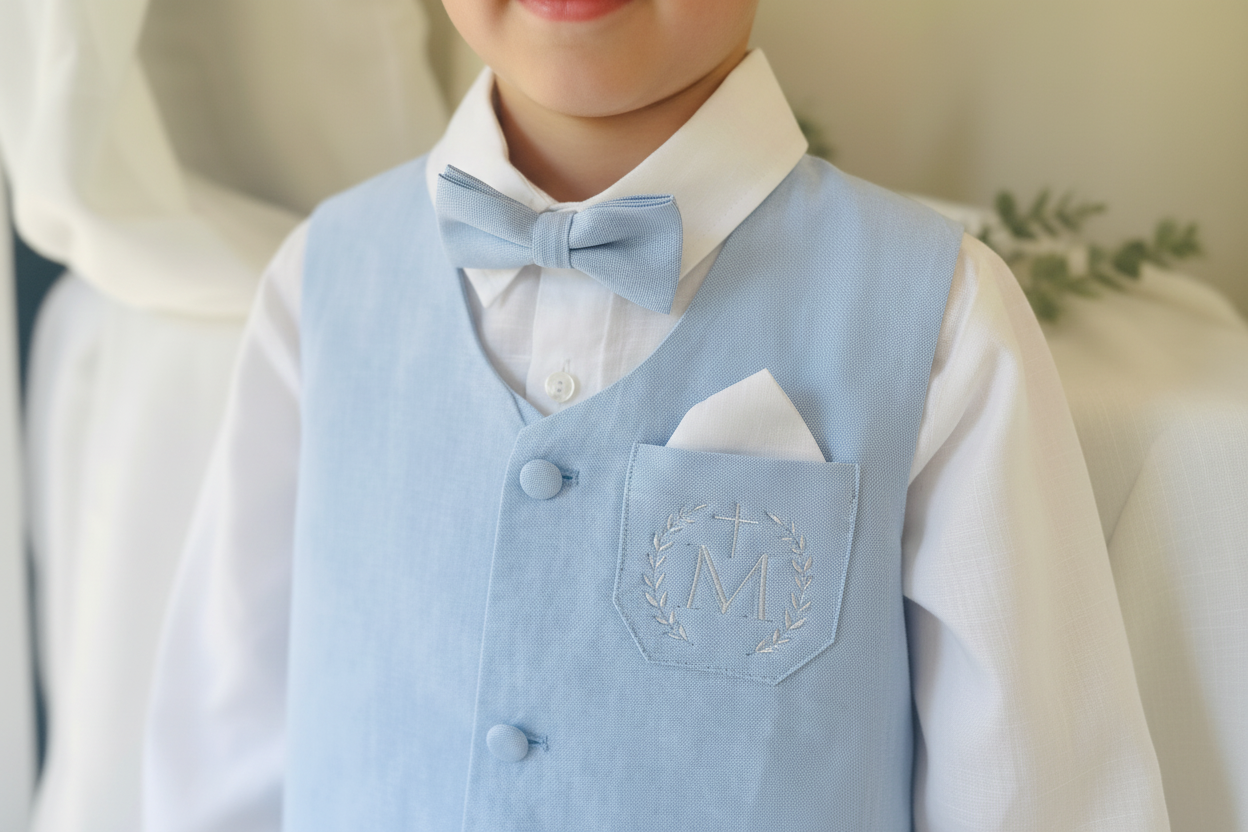 Beige Linen pants and blue vest outfit