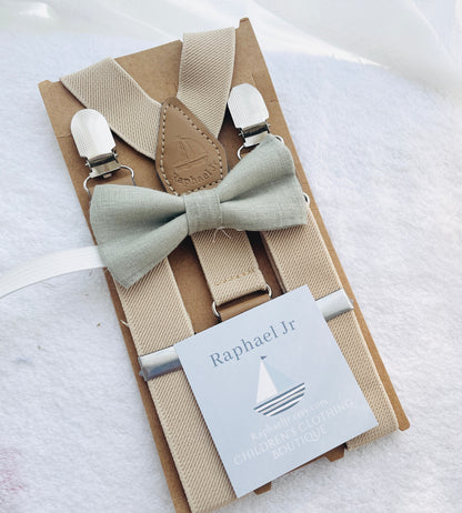 Beige Linen vest suit, shirt, pants, suspenders and bowtie plus optional jacket, cap and shoes