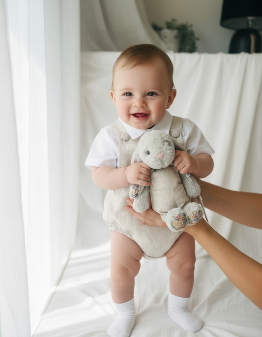 Beige linen baptism romper and shirt set