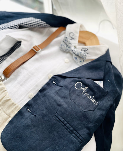 Navy blue and beige formal baptism or wedding suit with accessories and optional personalisation