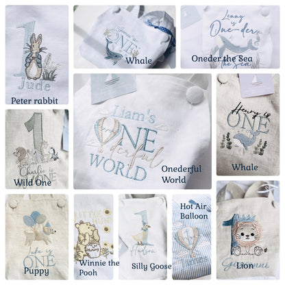 Boys Blue or white Birthday romper overalls Peter Rabbit