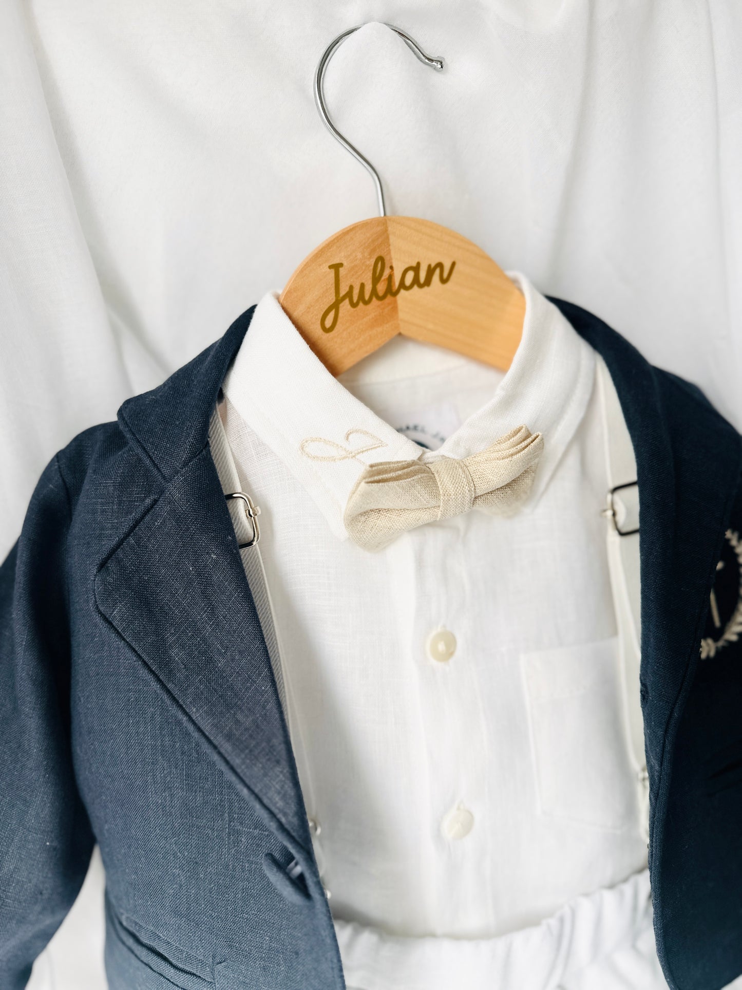 Navy blue and white linen boys formal baptism or wedding suit